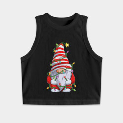 Женская укороченная майка-топ хлопок Новогодний гном с гирляндой