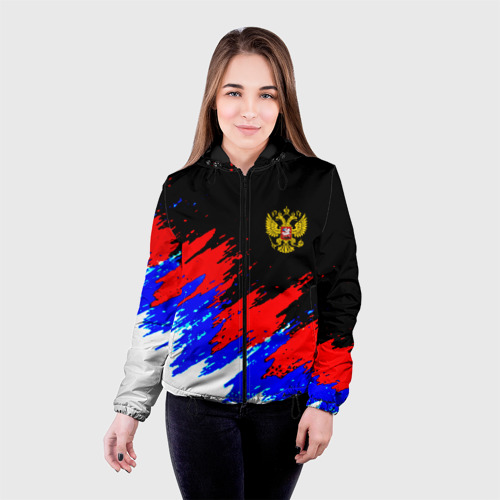 Женская куртка 3D Россия триколор герб краски, цвет черный - фото 3
