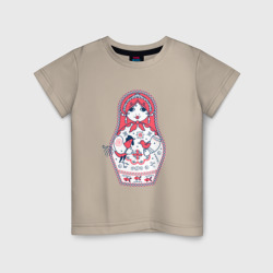 Детская футболка хлопок Матрешка с красным петухом по мотивам мезенской росписи