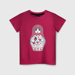 Детская футболка хлопок Матрешка с красным петухом по мотивам мезенской росписи