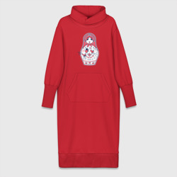Платье удлиненное хлопок Матрешка с красным петухом по мотивам мезенской росписи