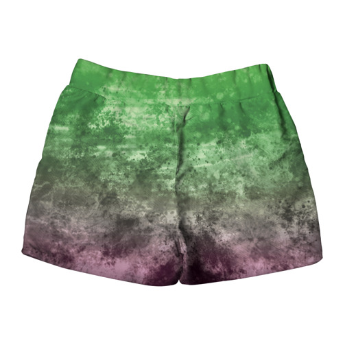 Женские шорты 3D с принтом Абстракция - Фиолетово-зеленый бардак, вид сзади #1