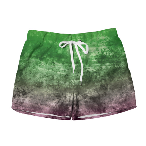 Женские шорты 3D с принтом Абстракция - Фиолетово-зеленый бардак, вид спереди #2