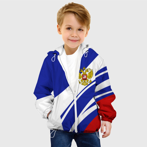 Детская куртка 3D Герб России на абстрактных полосах, цвет белый - фото 3