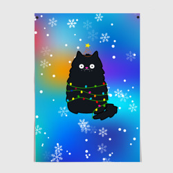 Постер Новогодний котик и снежинки