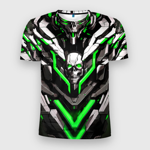 Мужская футболка 3D Slim с принтом Зелёный скелетный киберпанк доспех, вид спереди #2