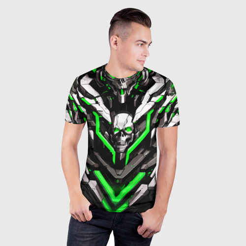 Мужская футболка 3D Slim с принтом Зелёный скелетный киберпанк доспех, фото на моделе #1
