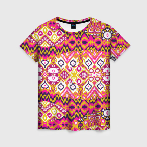 Женская футболка 3D с принтом Розовый орнамент  имитация ткань икат, вид спереди #2