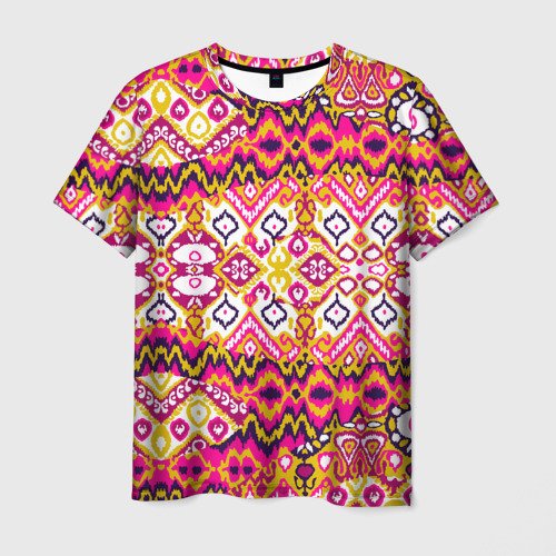 Мужская футболка 3D с принтом Розовый орнамент  имитация ткань икат, вид спереди #2