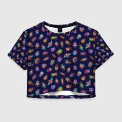 Женская футболка Crop-top 3D Разноцветный жуки на черном фоне