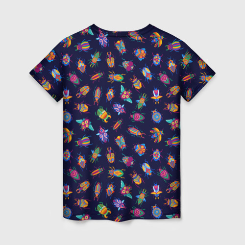 Женская футболка 3D с принтом Разноцветный жуки на черном фоне, вид сзади #1