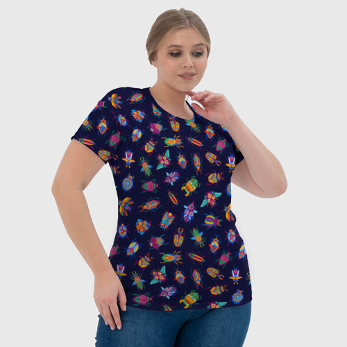 Женская футболка 3D с принтом Разноцветный жуки на черном фоне, фото #4