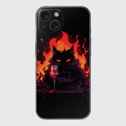 Чехол для iPhone 15 силиконовый с защитой камеры Кот Бегемот с вином