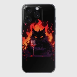 Чехол для iPhone 15 Pro Max силиконовый с защитой камеры Кот Бегемот с вином