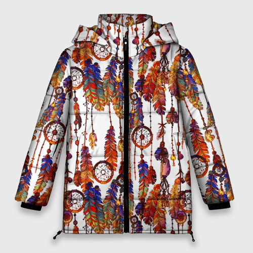 Женская зимняя куртка Oversize Ловцы снов этническое искусство, цвет светло-серый