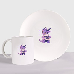 Набор: тарелка + кружка Фиолетовый дракон в свитере