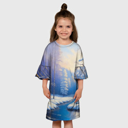 Детское платье 3D Зимний пейзаж с рекой в лесу - фото 2