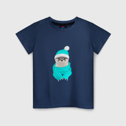 Детская футболка хлопок Выдра в голубой шапочке и шарфике