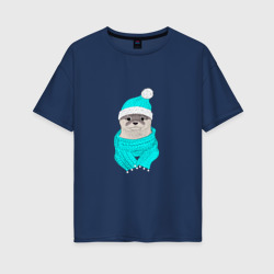 Женская футболка хлопок Oversize Выдра в голубой шапочке и шарфике