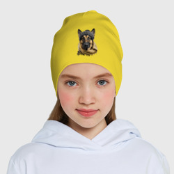 Шапка с принтом Немецкая овчарка в шапке для ребенка, вид на модели спереди №4. Цвет основы: желтый