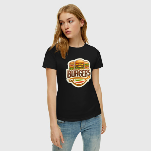 Женская футболка хлопок с принтом Бургеры, фото на моделе #1