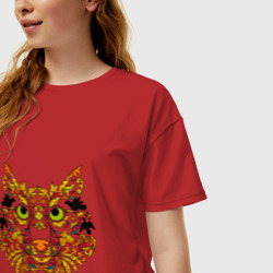 Женская футболка хлопок Oversize Голова рыси в узорах и цветах в русском стиле - фото 2