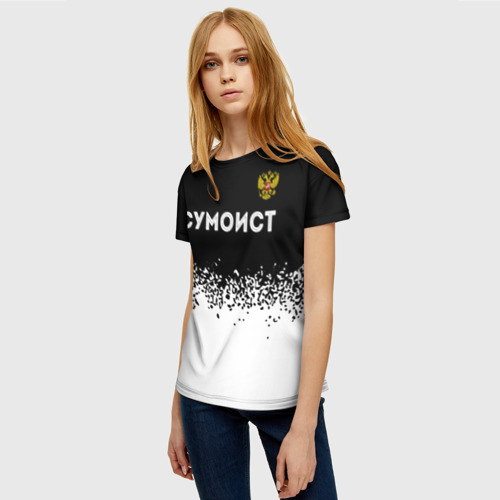 Женская футболка 3D с принтом Сумоист из России и герб РФ посередине, фото на моделе #1