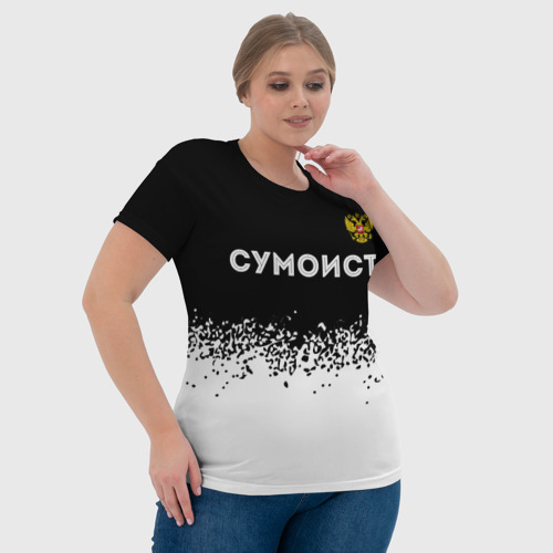 Женская футболка 3D с принтом Сумоист из России и герб РФ посередине, фото #4
