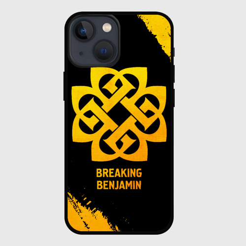 Чехол для iPhone 13 mini с принтом Breaking Benjamin - gold gradient, вид спереди #2