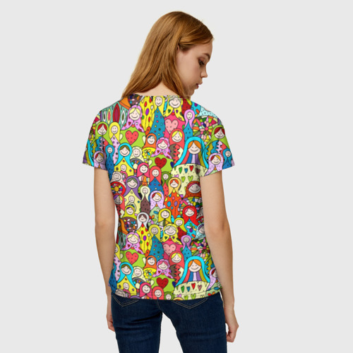 Женская футболка 3D с принтом Веселые русские матрешки, вид сзади #2