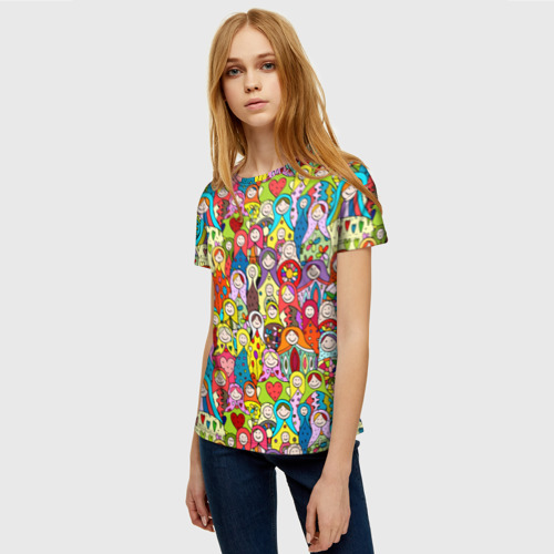 Женская футболка 3D с принтом Веселые русские матрешки, фото на моделе #1