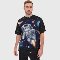 Мужская футболка oversize 3D Крутой котик в открытом космосе - нейросеть - фото 2