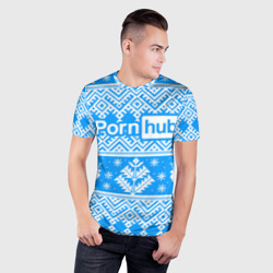 Мужская футболка 3D Slim Порнхаб - новогодний синий паттерн - фото 2