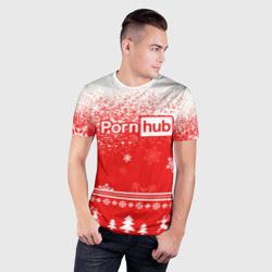 Мужская футболка 3D Slim Порнхаб - красный новогодний паттерн - фото 2