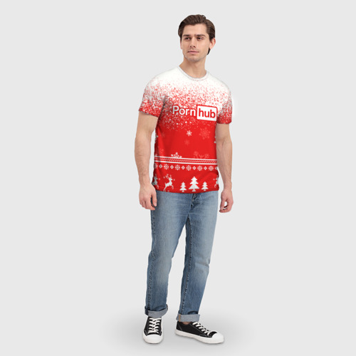 Мужская футболка 3D Порнхаб - красный новогодний паттерн, цвет 3D печать - фото 5