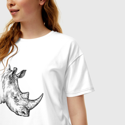 Женская футболка хлопок Oversize Голова носорога гравюра, цвет белый - фото 3