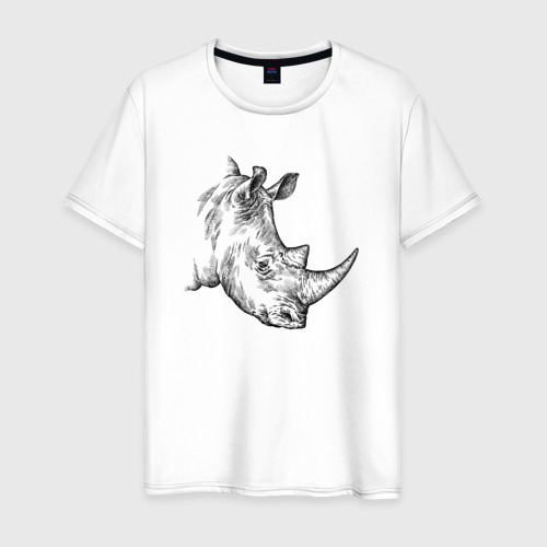 Мужская футболка из хлопка с принтом Голова носорога гравюра, вид спереди №1