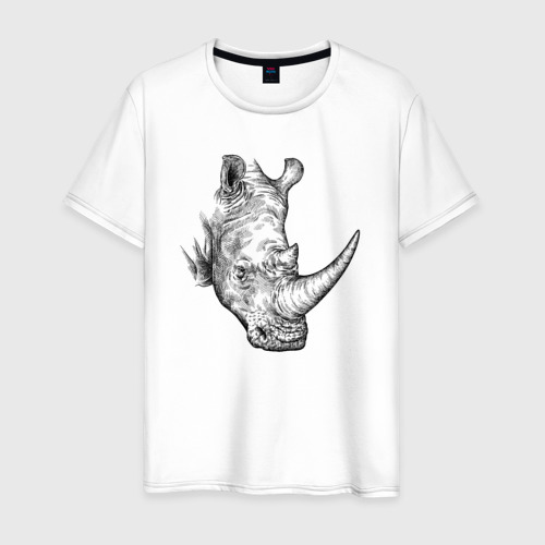 Мужская футболка из хлопка с принтом Голова носорога штрихами, вид спереди №1