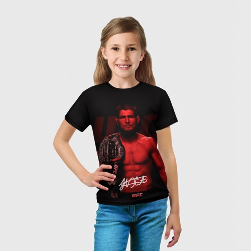 Детская футболка 3D с принтом Хабиб Нурмагомедов с поясом чемпиона, вид сбоку #3