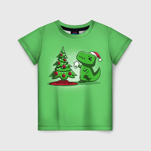 Детская футболка 3D с принтом Новогодняя проблема тираннозавра рекса, вид спереди #2