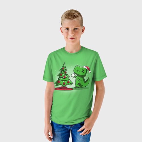 Детская футболка 3D с принтом Новогодняя проблема тираннозавра рекса, фото на моделе #1