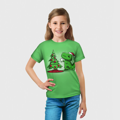 Детская футболка 3D с принтом Новогодняя проблема тираннозавра рекса, вид сбоку #3