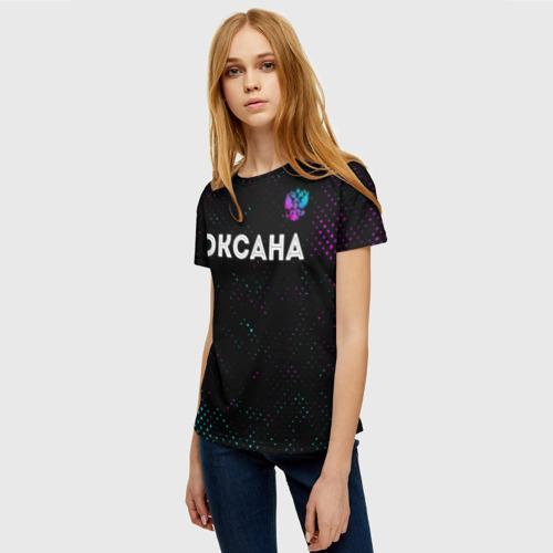 Женская футболка 3D с принтом Оксана и неоновый герб России посередине, фото на моделе #1