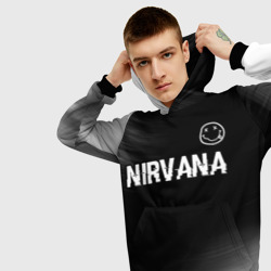 Толстовка с принтом Nirvana glitch на темном фоне посередине для мужчины, вид на модели спереди №3. Цвет основы: черный