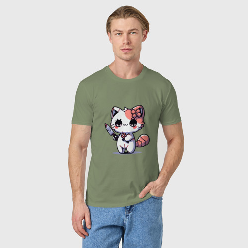 Мужская футболка хлопок Милый котенок с ножом, цвет авокадо - фото 3