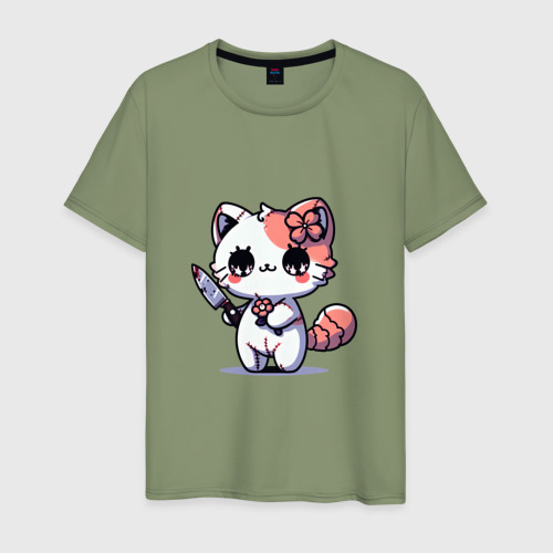 Мужская футболка хлопок Милый котенок с ножом, цвет авокадо