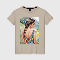 Девушка на лугу – Женская футболка хлопок с принтом купить со скидкой в -20%