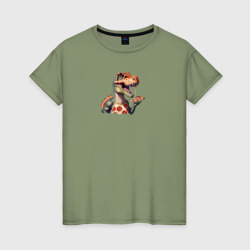 Тиранозавр с пиццей – Женская футболка хлопок с принтом купить со скидкой в -20%