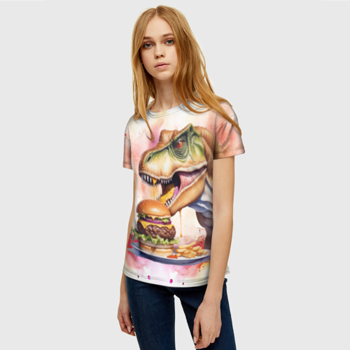 Женская футболка 3D Тиранозавр и вкусный бургер, цвет 3D печать - фото 3
