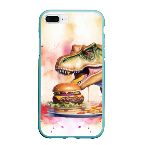 Чехол для iPhone 7Plus/8 Plus матовый Тиранозавр и вкусный бургер, цвет мятный